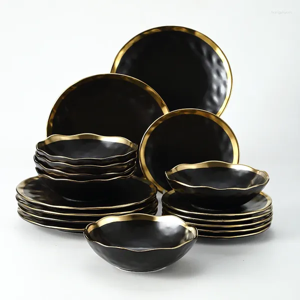 Conjuntos de louça 18 pc conjunto talheres placa bandeja luxo preto cozinha ferramenta porcelana jantar ouro sabão cerâmica sobremesa tigela