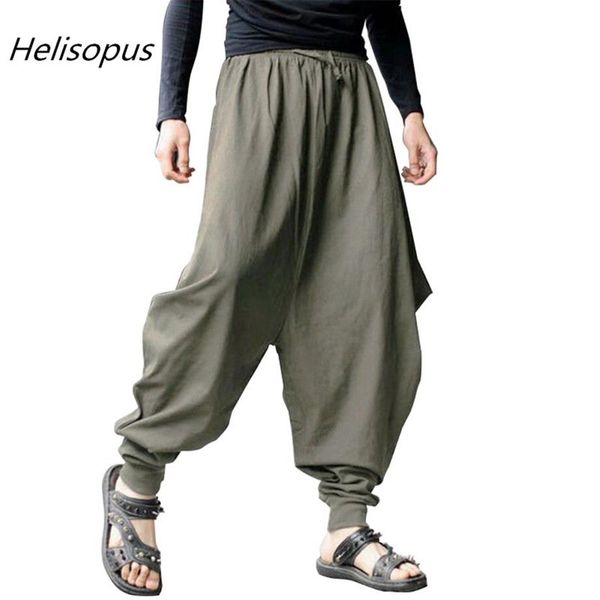 Мужские свободные шаровары Helisopus с низкой заниженной промежностью, мешковатые брюки в японском самурайском стиле, хлопковые брюки248L