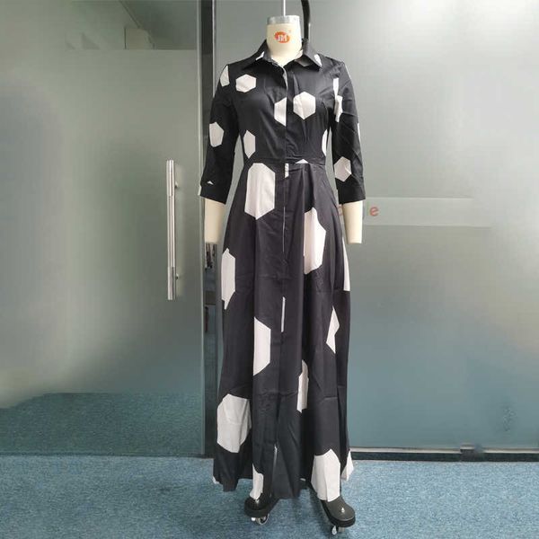2024 Son Model Ellafads Kadın Maksi Elbise Sıradan Uzun Kollu Geometrik Baskı Kavur Nolu Bel Cepleri Zarif Parti Elbiseleri
