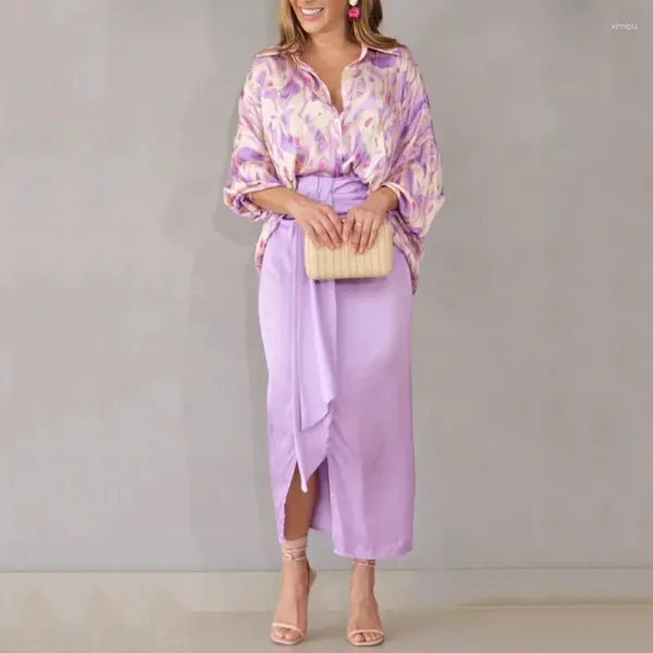 Женские брюки из двух предметов, летняя мода 2023, фиолетовая юбка на шнуровке с принтом, темпераментный комплект