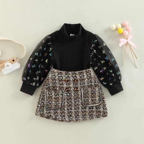 Citgeett Autumn Kids Toddler Girls 2Pcs Outfit Sets Black Long Sleeve Mesh Patchwork Tops with Button A-line Skirt Clothes P230331
