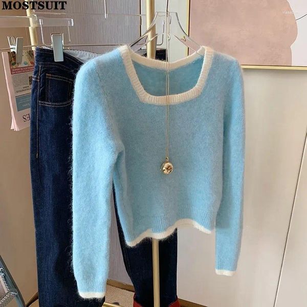 Damenpullover Blauer Mohair-Strickpullover Tops Frauen 2023 Herbst quadratischer Kragen Langarmpullover Elegante Mode schicke Damenpullover