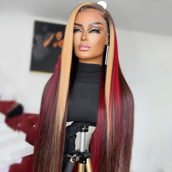 Neues brasilianisches Highlight Red Blonde farbig gerade Körperwelle bereit, glühlos vorgeplante 13x4 Spitzen-Frontalsimulation menschliche Haarperücken zu tragen