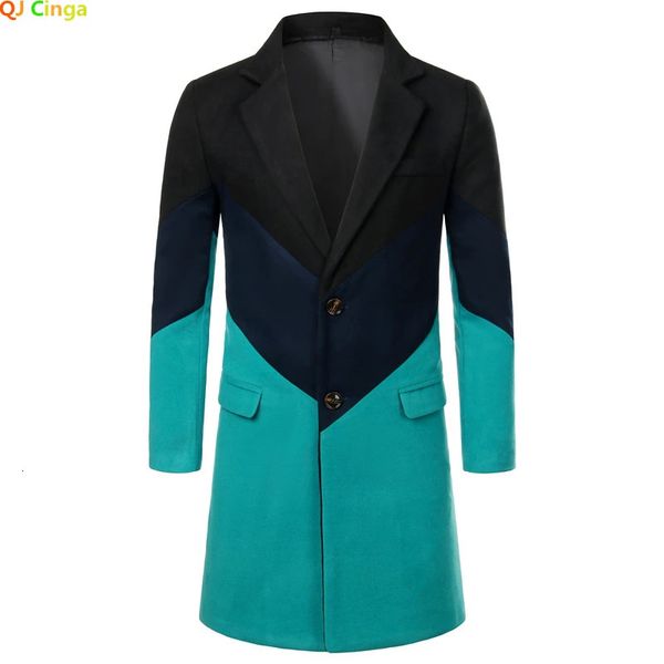 Lã masculina preto verde retalhos trench coats escritório de negócios longo jaqueta inverno masculino lã blusão s m l xl 2xl 231101