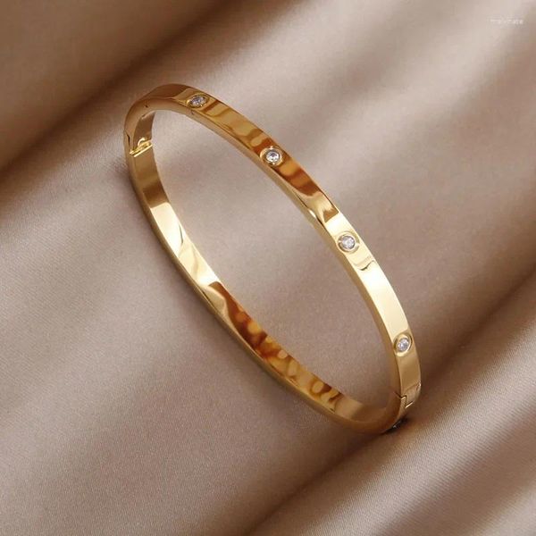 Bangle clássico de aço inoxidável fino geométrico charme pulseira para mulheres cristal aberto pulseiras à prova de ferrugem jóias presente festa