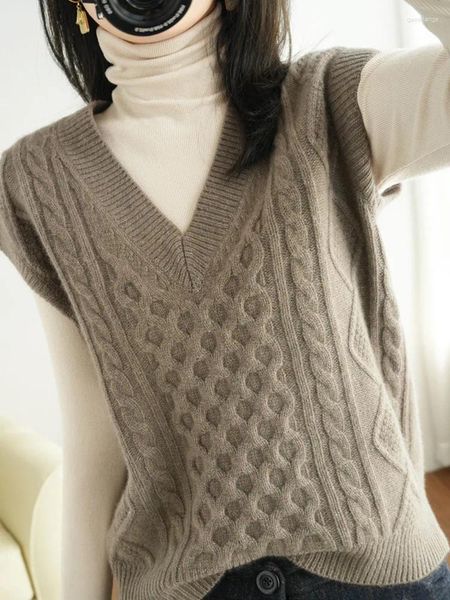 Frauen Pullover Wolle 2023 Frühling Pullover Lose V-ausschnitt Einfarbig Mode Vielseitige Gestrickte Weste