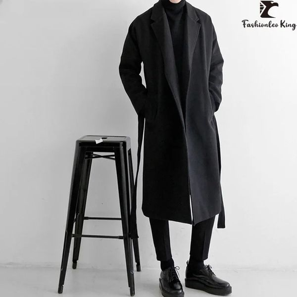 Lã masculina mistura moda casaco cinto casaco para homem preto inverno longo 231102