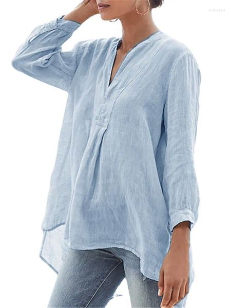 Blusas femininas praia algodão linho feminino casual topos moda três quartos lanterna manga v pescoço branco preto azul blusa blusas de mujer