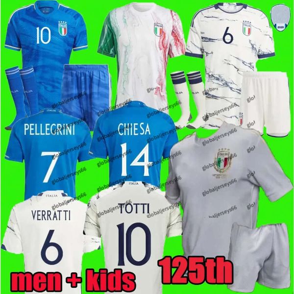 2023 Itália 125º Aniversário Camisas de futebol Versão do jogador Maglie Da Calcio TOTTI VERRATTI CHIESA Italia 23 24 Camisas de futebol Homens Conjunto _Jersey