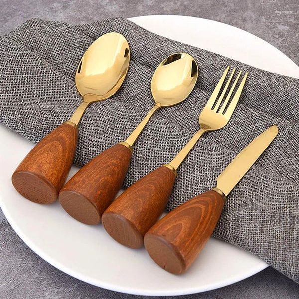 Conjuntos de louça 1 pc cabo de madeira talheres dourado estilo ocidental aço inoxidável colher faca garfo café sobremesa cozinha suprimentos
