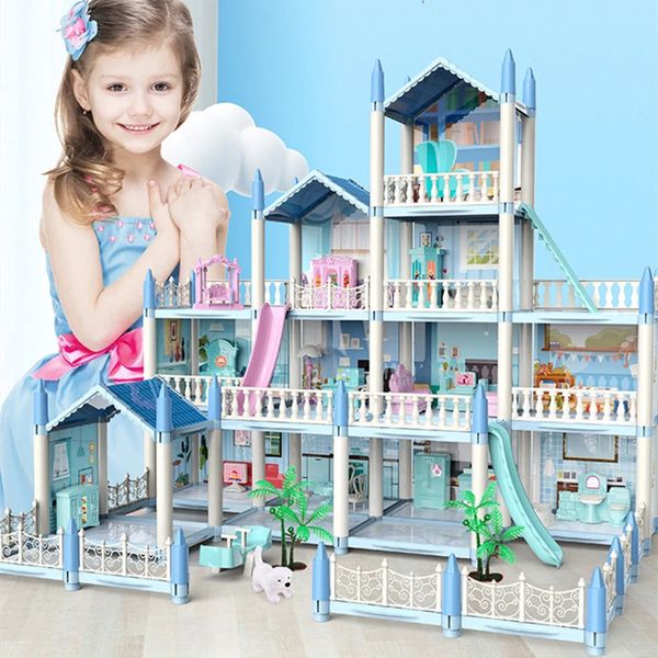 Аксессуары для кукольного дома 3D принцесса большая вилла DIY кукольный домик casa розовый замок игра с горкой двор комплект собранные детские игрушки подарок 231102
