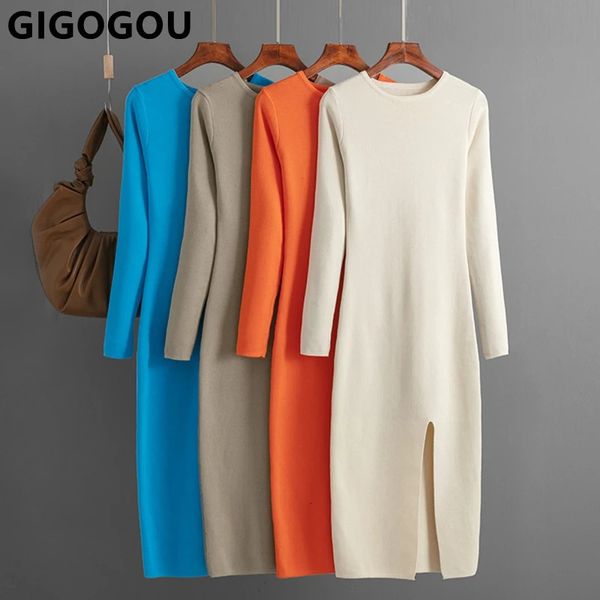 Базовые повседневные платья GIGOGOU Slim Fit Design Длинное вязаное женское облегающее платье Осеннее разделенное пуловерное платье-свитер Платья длиной до колен Макси-миди 231101