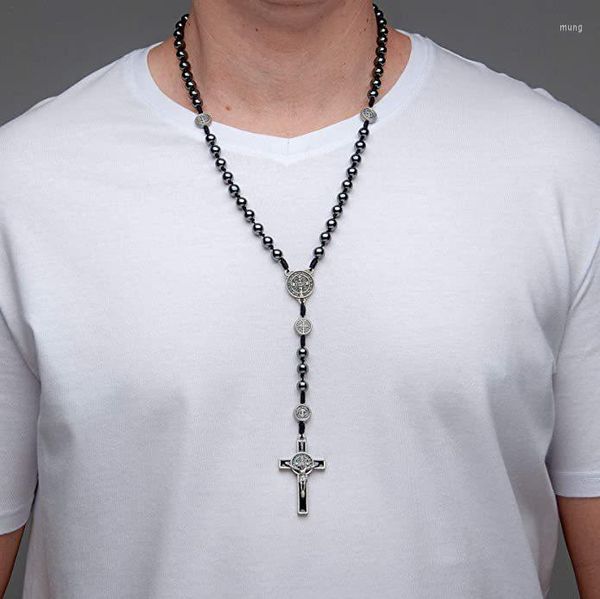 Подвесные ожерелья ретро Св. Бенедикт Крест Несмагнитные Черные Желлевые Бусины Мужчины Женские христианские католические религиозные украшения