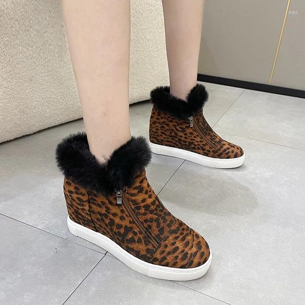 Stivali da donna con stampa leopardata neve inverno caldo pendio tacco scarpe di grandi dimensioni testa tonda comfort appartamenti Botas De Invierno Mujer