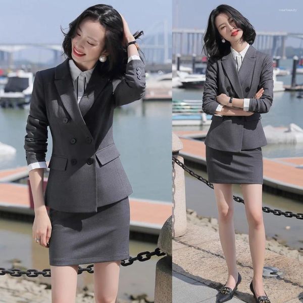 Vestido de duas peças formal senhoras cinza blazer feminino ternos de negócios com saia e jaqueta define estilos uniformes de escritório de trabalho elegante