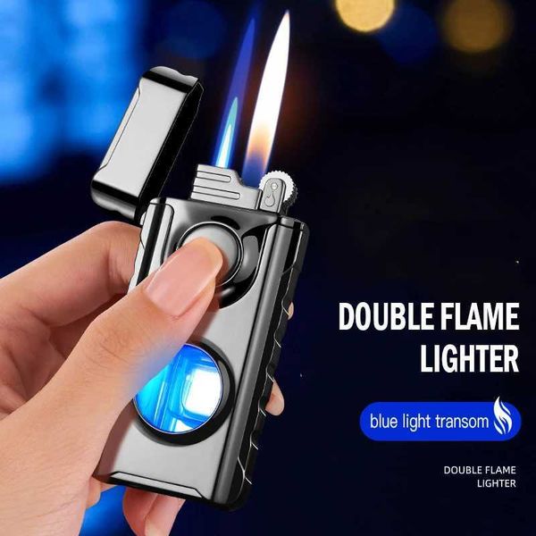 Çakmaklar Yeni Çift Alev Düz Torçturbo Parlak Ateş Bütan Şişirilebilir Çar Mühürlü LED Hafif Gaz Penceresi Puro Çakmak Erkek Araçları Hediyesi
