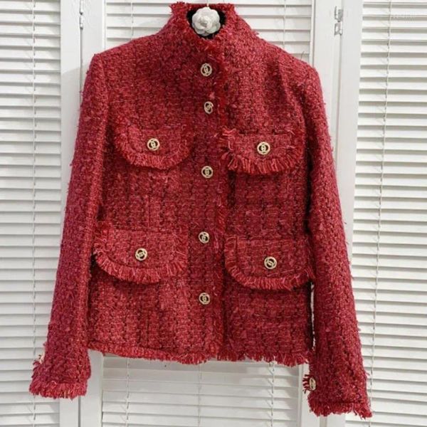 Jaquetas femininas chegada vermelha pequena fragrância tweed jaqueta mulheres gola único breasted curto inverno outerwear