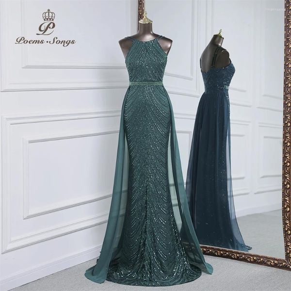 Abiti da festa Abito da sera a sirena con paillettes di lusso con strascico in chiffon staccabile per matrimonio da donna