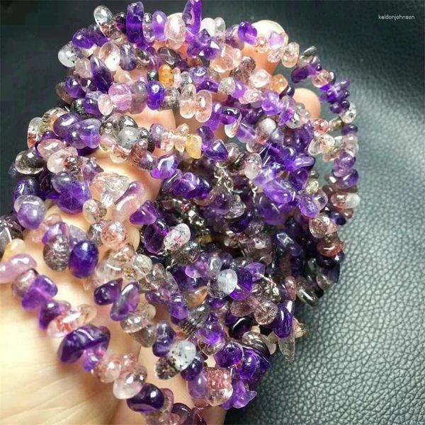 Strand natural freeform roxo sete quartzo cascalho pedra pulseira pulseiras de cristal estiramento policromado pedra preciosa presente aniversário 1 pçs