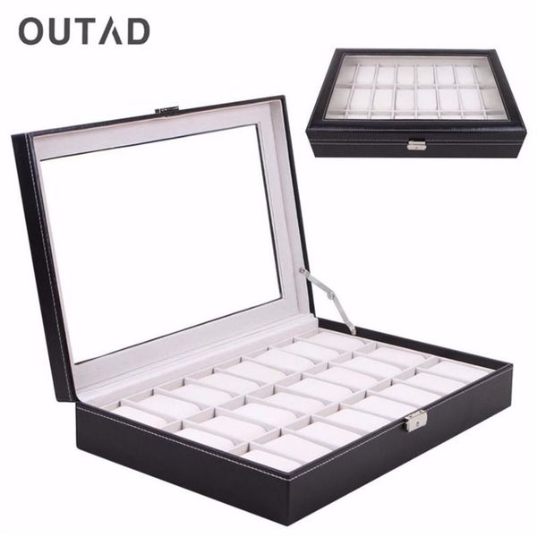 OUTAD Casket 24 Grid Box Watch Box Стеклянный черный кожаный чехол для хранения наручных часов Органайзер Классический держатель Пенопластовая подушка2459