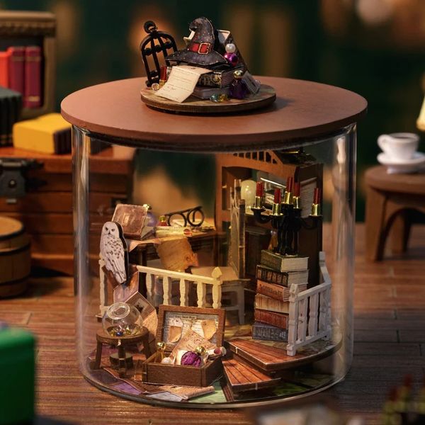 Acessórios de casa de boneca DIY Kit Magic 3D Mini Montagem de madeira com móveis Light Book Villa Toy Girl Handmade Jigsaw Gift 231102