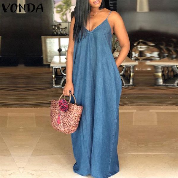 Abito lungo maxi in denim da spiaggia sexy Abito lungo da donna con scollo a V senza spalline Abiti solidi larghi casual Plus Size Abiti lunghi fino al pavimento299k