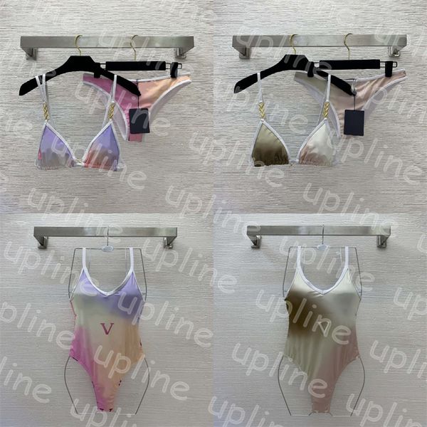 Modedesigner-Bikini-Set mit Farbverlauf, Briefdruck, einteilige Badebekleidung, Sommer-Frauen-Zweiteiler, Biquinis, schnell trocknender Badeanzug