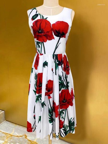 Abiti casual Rosso RoosaRosee Puro Cotone Sexy Backless Senza Maniche Stampa Floreale Midi Abito Bianco 2023 Primavera Estate Donna Vestidos Robe