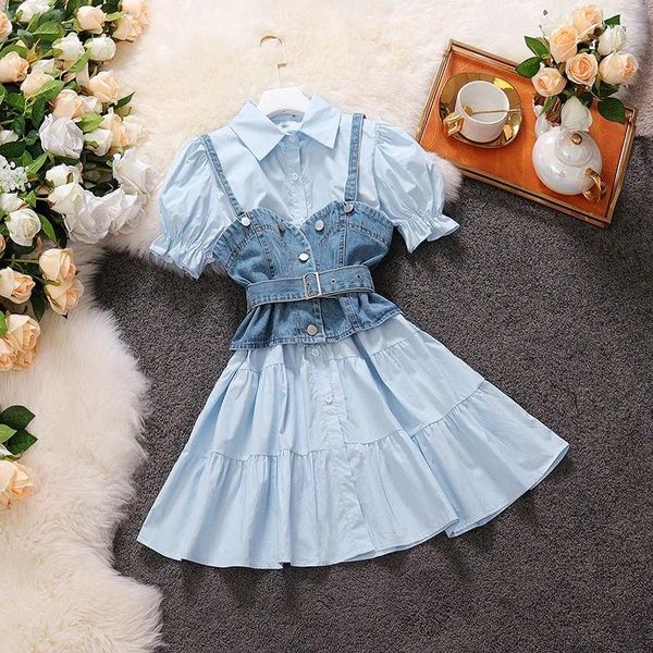 Vestidos de trabalho conjuntos de duas peças estilo verão coreano gola virada folha de lótus manga camisa vestido suspender denim colete ternos feminino