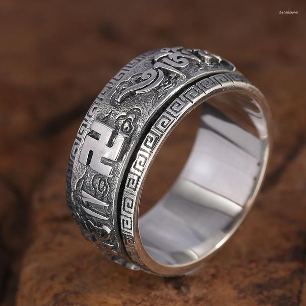 Rings de cluster real S925 Sterling Silver Silver Vintage Buddhist Buddhist Six-Caracter Ring Men Women Pure Fine Jewelry Holiday Gifts