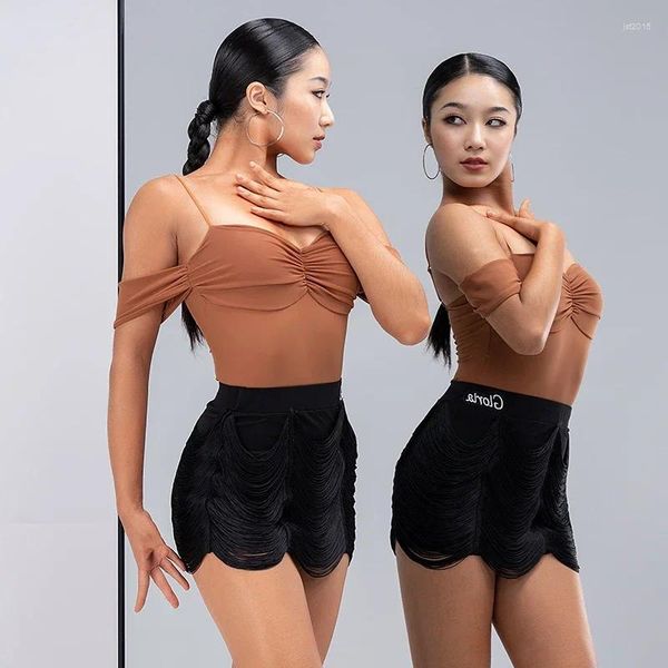 Sahne Giyim Omuz Damla Pilded Sling Kayışı Eğitim Elbisesi Üst Saçak Tasarım Etek Kadın Latin Dancer Performans Balo Elbise