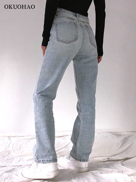 Cintura alta calças de brim baggy feminino casual perna reta calças soltas mãe jean moda confortável lavagem namorado perna larga calças simples