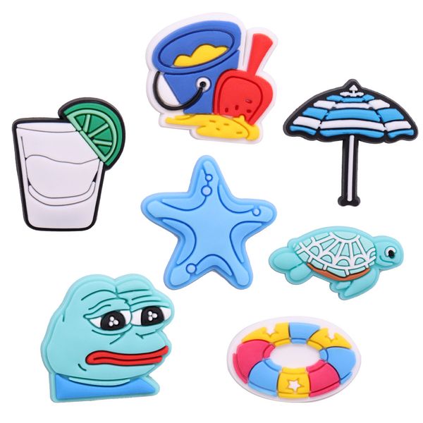 MOQ 20 Stück PVC Limonade Seestern Meeresschildkröten Regenschirm Schwimmkreis Frosch Schuhanhänger Schnalle Clog Buttons Pins Armband Armband Dekoration