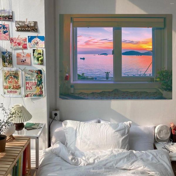 Arazzi Arazzo Bellissimo scenario da finestra Sfondo da sogno Panno appeso nella stanza Decorazione della parete della camera da letto Dormitorio