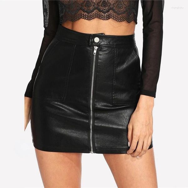 Röcke Frauen Schwarz PU Leder Rock Mode Lässig Sexy Hohe Taille Zipper Bleistift Kurze Streetwear Frühling Herbst Winter