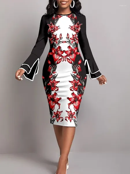 Повседневные платья 2023, осень для женщин, этнический тотемный принт, раструб с длинными рукавами и длинными рукавами, рабочее платье миди, элегантное платье Vestidos De Mujer