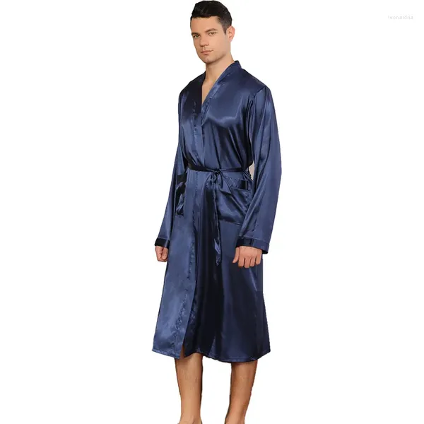 Homens sleepwear quimono seda cetim robes para homens marinho azul roupão cardigan pijamas manga longa camisola casa vestido