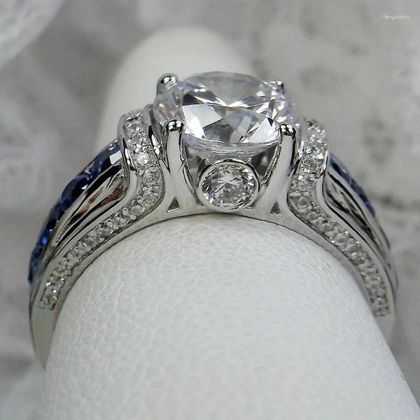 Anéis de casamento huitan brilhante branco/azul cz luxo para mulheres banda elegante acessórios femininos festa presente da mãe jóias na moda