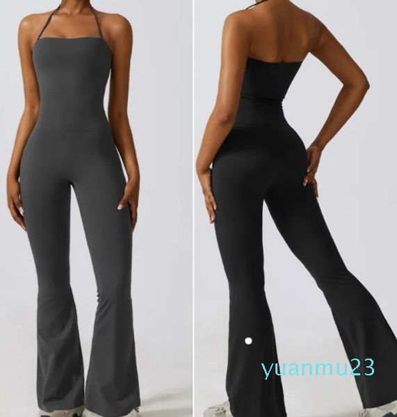 Damen-Bodysuit, Jumpsuit, Yoga-Outfits, ärmellos, eng anliegender Tanz-Einteiler, lange Hose, schnell trocknende, atmungsaktive Schlaghose