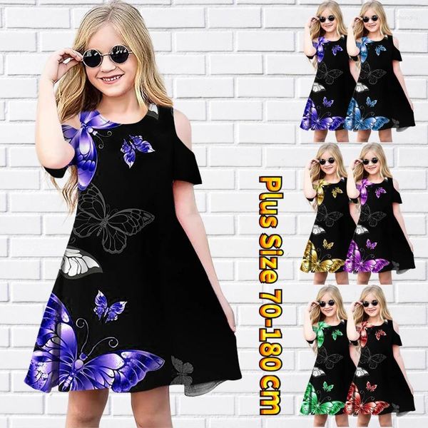 Mädchen Kleider 2023 Mode Prinzessin Rock Lose Midi Kleiner Schmetterling Druck Kurzarm Sommer Rundhals Schönes Kleid