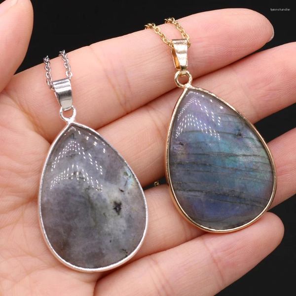 Kolye Kolyeleri Doğal Flash Labradorite Kolye Takılar Su Damlası Şekli Yahudi Parti Hediyesi için Taş 23x34mm