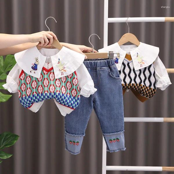 Kleidung Sets 2023 Herbst Kinder Mädchen 3PCS Kleidung Set Pullover Weste Stickerei Cartoon Revers Langarm Hemd Jeans Infant anzug