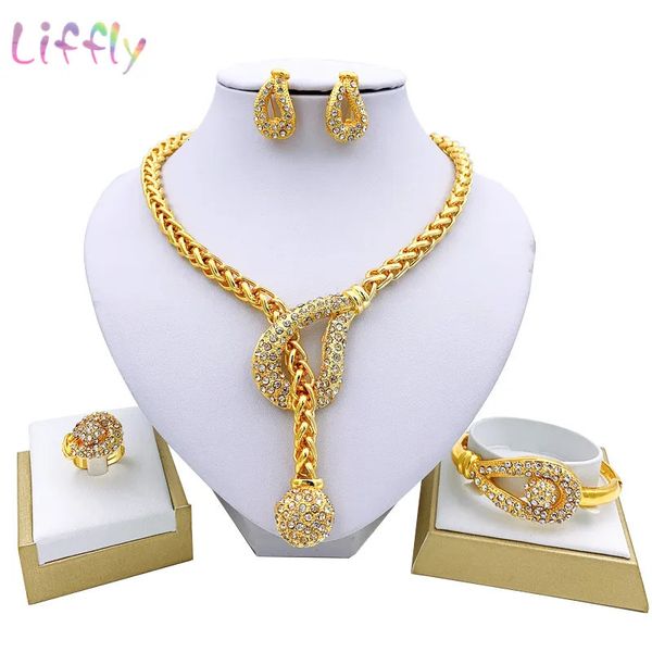 Hochzeits-Schmuck-Sets, luxuriöse Dubai-Goldfarben-Schmuck-Sets für Frauen, Halskette, Armband, Ohrringe, Ring, afrikanische Hochzeit, Brautschmuck-Set 231101