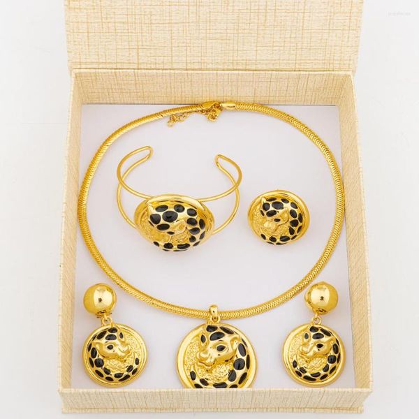 Brincos de colar Set Set Round Pingente Leopard com Box Fashion Women Gold Plated Rings Bracelet Wedding Dubai Party Gift