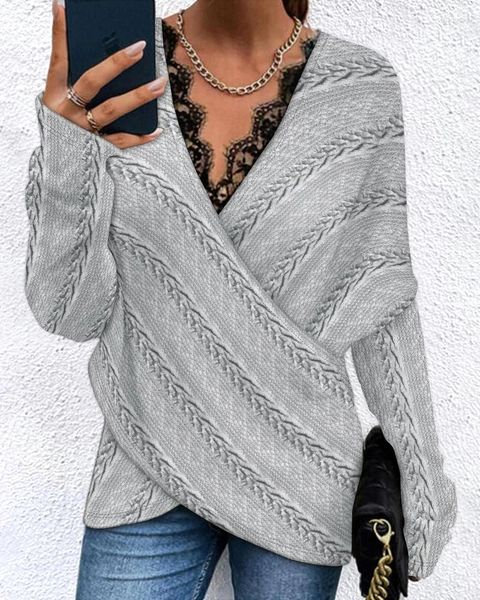 Blusas femininas Mulheres Lace Trim Sobreposição Texturizada Elastano Contraste Top 2023 Femme Manga Longa Casual Senhoras Sexy Skinny Camiseta Streetwear