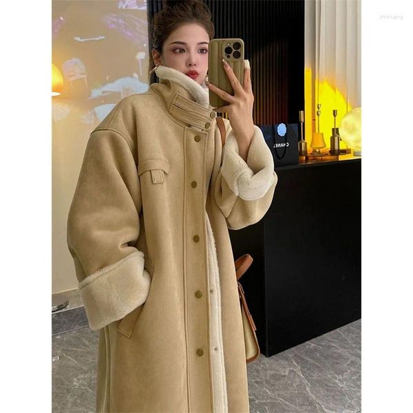 Frauen Pelz Winter Lange doppelseitigen Mantel Frauen Koreanische Lose Verdicken Warme Faux Wildleder Stoff Lamm Jacke Hochwertige weibliche Mantel