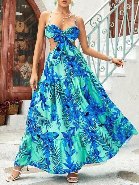 Vestidos casuais 2023 verão para mulheres recorte amarrado detalhe tropical impressão cami maxi vestido vestidos de mujer elegante robe feminino