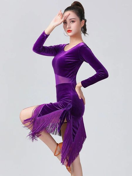 Palco desgaste mulheres latina dança traje feminino adulto coreano veludo borla dancewear desempenho sexy malha splice vestido