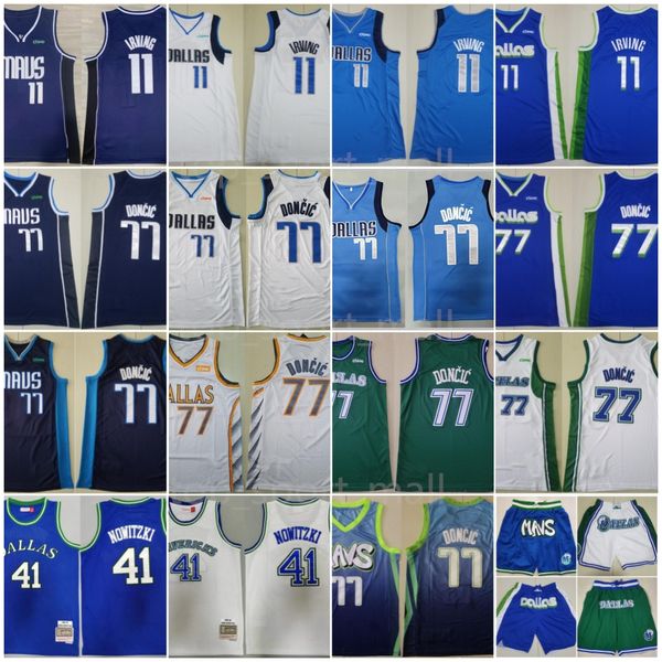 Dikişli Basketbol 77 Luka Doncic Formaları 11 Kyrie Irving 41 Dirk Nowitzki Sadece şort pantolonları erkek erkek büyüklüğünde s-xxl takım sporu mavi beyaz şehir için üst giyin