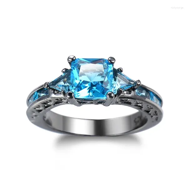 Anéis de casamento moda azul aquamarine topázio cz para mulheres preto banhado a ouro anel de pedra de aniversário acessório de joia